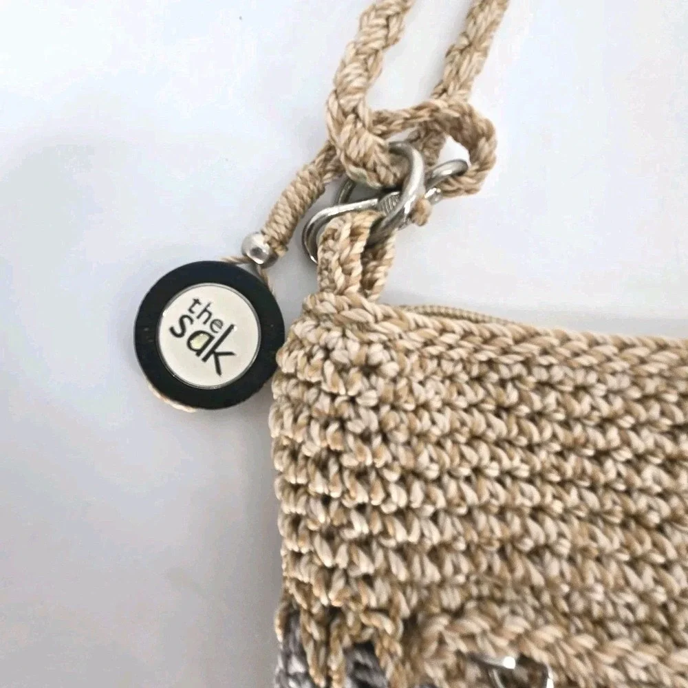 The Sak Crochet Shoulder Bag Tan Brown Striped Boho Purse Detachable Straps